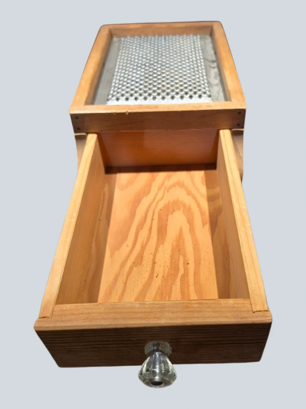 Vintage Wooden Wall Hanging Cheese Grater with Drawer and Glass Knob